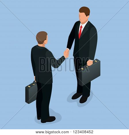 Businnes handshake concept. Handshake in flat style. Business deal handshake isometric vector  illustration. Mens shaking hands