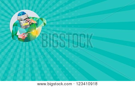 Business card showing Low Polygon style illustration of welder worker with mask holding welding torch welding viewed from front set inside circle on isolated background.