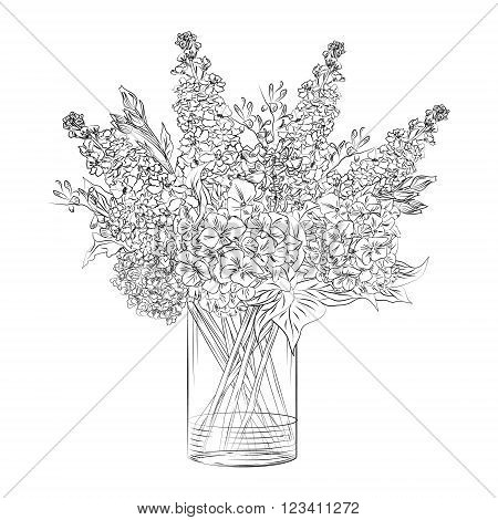 Vector hand drawn flower arrangement in transparent vase