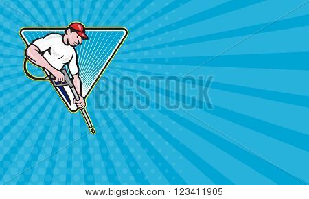 Business card showing illustration of a worker with water blaster pressure power washing sprayer spraying set inside circle done in cartoon style.