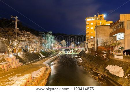 Nakabashi Red Bridge In Takayama Old City In Night
