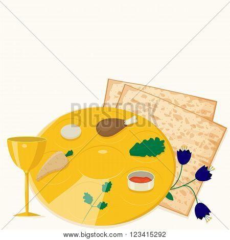 Vector illustration of passover seder plate with matzoh and wine.