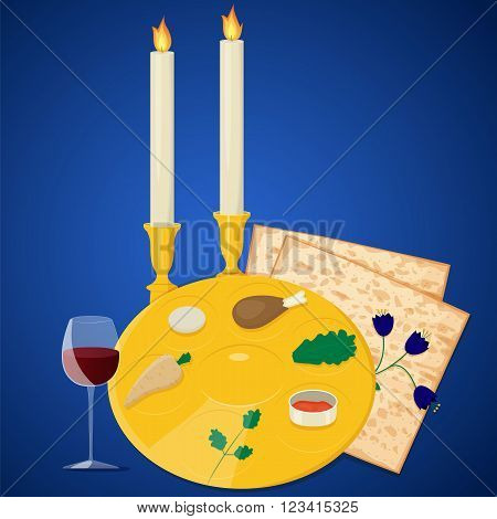 Vector illustration of passover seder plate with matzoh and wine on blue background.