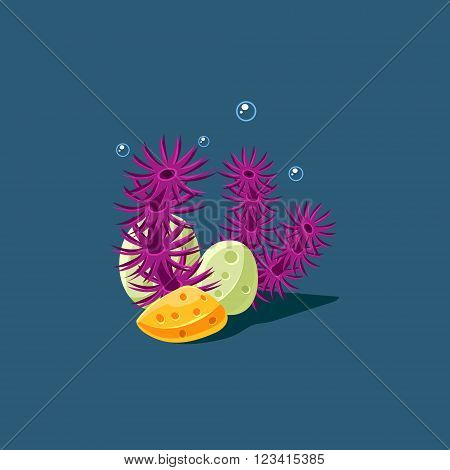Coral And Polyp Cute Cartoon Style Vector Illustration On Dark Blue Background