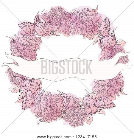 Vector hand drawn flower wreath with pink transparent spots and ribbon for your text. Template for wedding invitation and save the date cards.