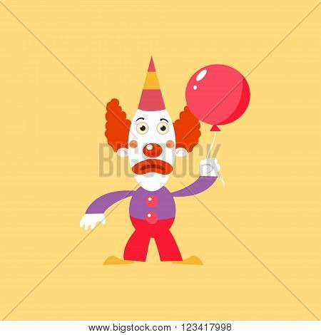Unhappu Clown Holding Balloon Simplified Isolated Flat Vector Drawing In Cartoon Manner