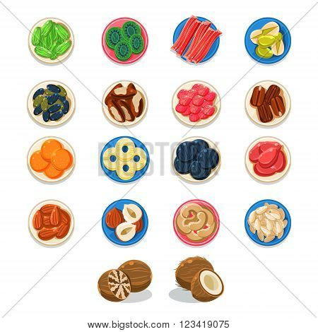 Breakfast Food Sample Plates Collection Simplified Flat Vector Design Icons On White Background