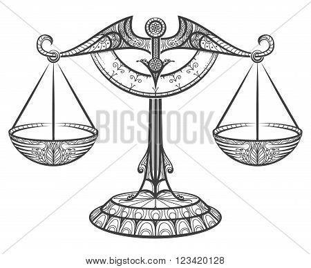 Zodiac sign of Libra drawn in zentangle style. Line libra icon. Vector illustration