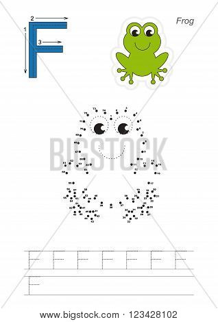 Vector exercise illustrated alphabet. Learn handwriting. Connect dots by numbers. Tracing worksheet for letter F