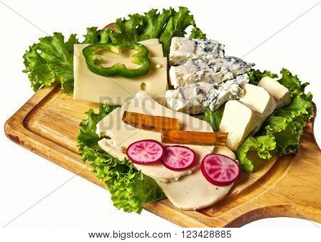 Scandinavian food, cheese plate on white background