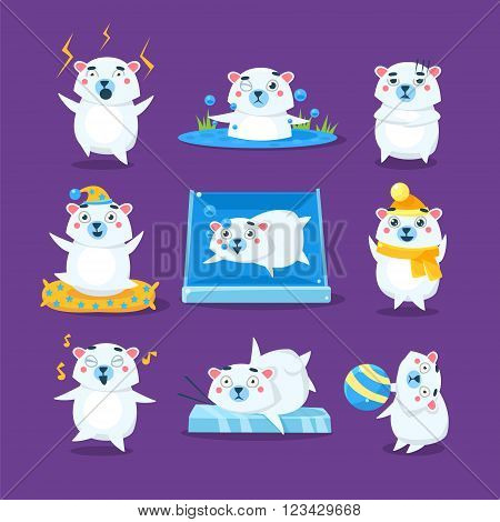 Polar Bear Different Emotions Set Flat Vector Cartoon Style Funny Drawing On Violet Backgroud