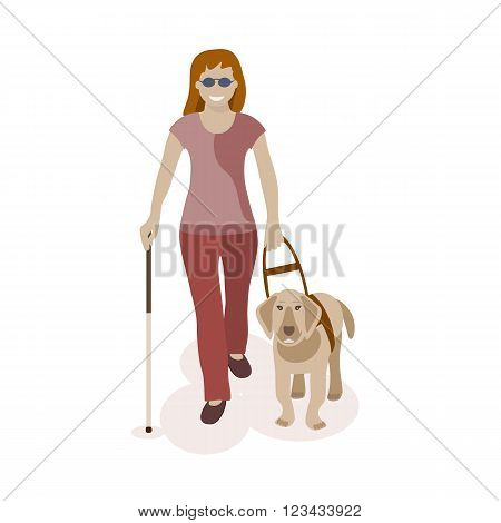 Blind woman walking with dog. Vector illlustration.