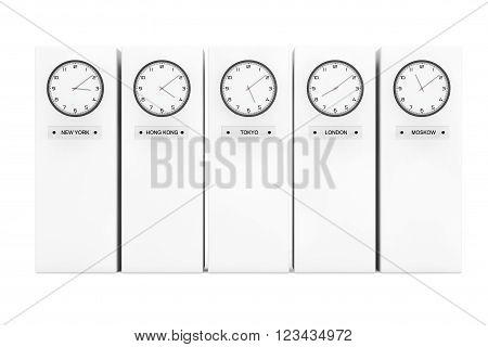Time Zone Clocks showing different time in front of Columns. 3d Rendering