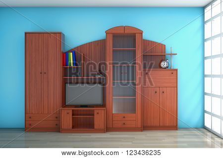 Living Room Wall Unit in front of blue wall. 3d Rendering