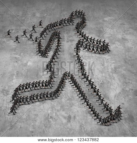 Business people group move concept as a team of businessmen and businesswomen running together forming an organised shape of a single giant runner as a company and corporate unity success metaphor. 3D