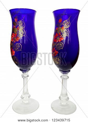 two glasses: two blue glasses on a white background