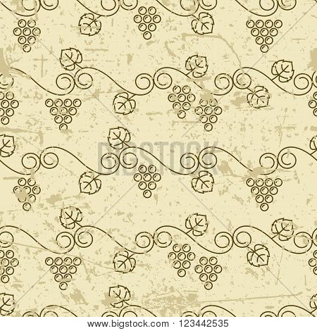 Vector old seamless pattern with climbing vine grapes. Linear autumn plants background. Design for print package wrapping paper or web.