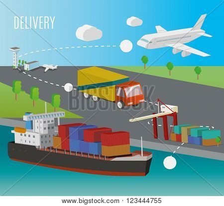 Transport illustration. Transportation by water, by air, by road. Isometric illustration.