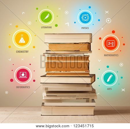 Books on top with colorful symbols on vintage old background