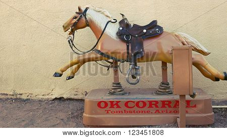 TOMBSTONE, ARIZONA - MARCH 20: A coin-operated pony ride at the OK Corral in Tombstone, Arizona on March 20th, 2016.