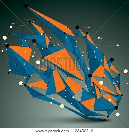 Asymmetric colorful 3D abstract vector construction with black and white connected lines and dots geometric form with lattice structure.