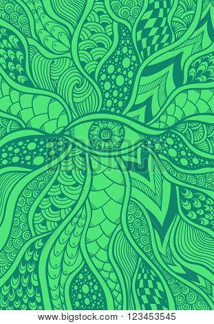 Zen doodle or Zen tangle texture or pattern with eye  in  malachite green for  wallpaper or for decorate package clothes or different things