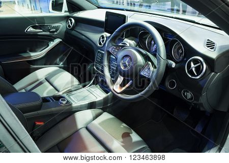NONTHABURI - MARCH 23: Interior Design of NEW Mercedes Benz CLA 200 urban on display at The 37th Bangkok International Motor show on MARCH 23, 2016 in Nonthaburi, Thailand.