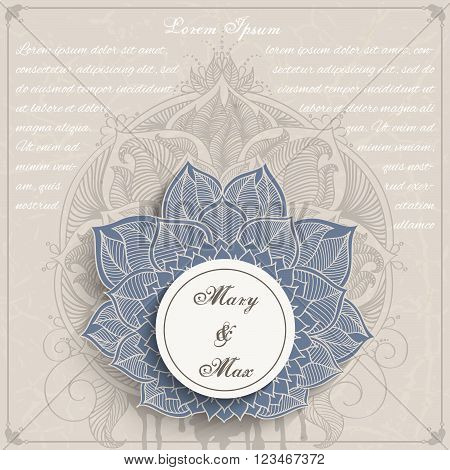 Vector illustration for cards. Floral element for design and place for text on round paper. Foliage ornament for banners wedding invitations and greeting cards. Mandala decor on neutral background