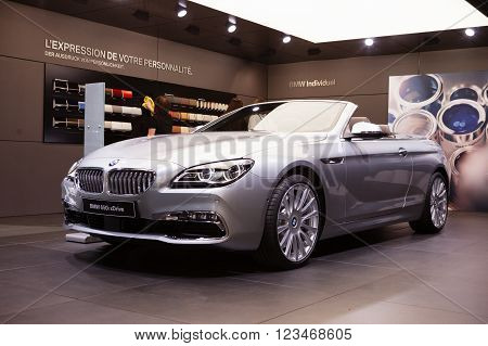 GENEVA, SWITZERLAND - MARCH 1: Geneva Motor Show on March 1, 2016 in Geneva, BMW 650i xDrive, front-side view