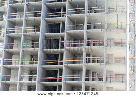 Monolithic frame construction of the building. Solid walls of concrete. Formwork for walls made of concrete. Construction of the building. Masonry walls and aerated concrete masonry walls