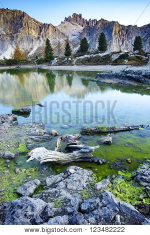 Reflecting mountains in the lake in Dolomite