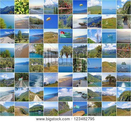 Collage with nature and sights of Abkhazia. Black sea Gagra lake Riza mountains of the Caucasus.