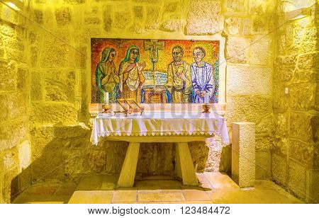 BETHLEHEM, PALESTINE - FEBRUARY 18, 2016: The chapell with mosaic formarly was the cell where St. Jerome work under the translation of The Bible, on February 18 in Bethlehem.