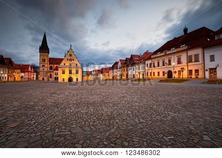 BARDEJOV, SLOVAKIA - MARCH 19, 2016:City hall in the main square of UNESCO listed medieval town of Bardejov in eastern Slovakia, on March 19, 2016.