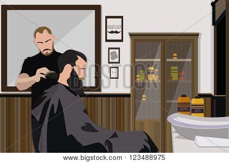 Client visiting hairstylist in barber shop vector illustration