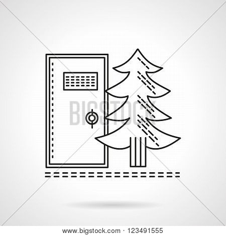 Fir-tree and wc door. Camping or hiking services. Outdoors toilet, bio toilet. Rest at nature. Vector icon flat thin line style. Element for web design, business, mobile app.