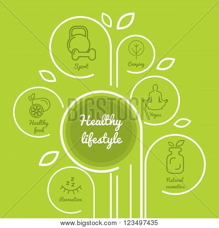 Infographics healthy lifestyle with healthy food icons dumbbell fruits camping