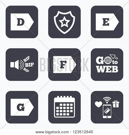Mobile payments, wifi and calendar icons. Energy efficiency class icons. Energy consumption sign symbols. Class D, E, F and G. Go to web symbol.