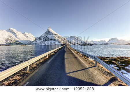 Winter time along the Fredvang Bridges in the Lofoten Islands, Norway.