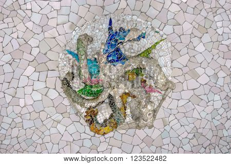 mosaic, small tiles, spiral pattern, white and bright colors