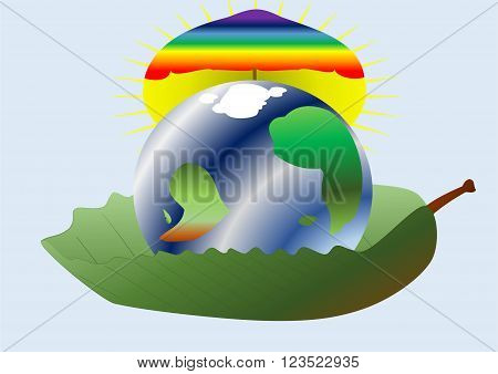 earth is on the leaf of the tree, under the sun and umbrella-rainbow