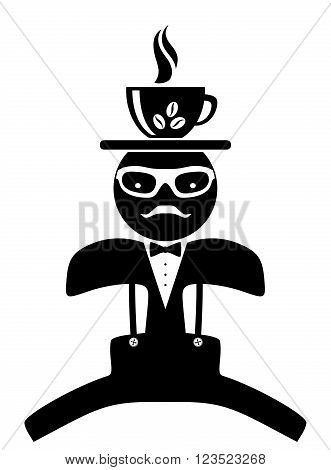 Hipster waiter icon. Hot coffee cup.  Isolated on white background