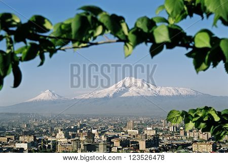 Mountain Ararat and city Yerevan, Transcaucasia, Armenia.