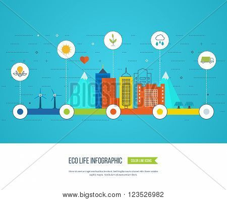 Green eco city and eco life infographic. Modern energy safety. Ecology concept