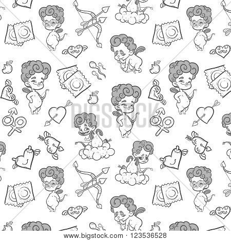 Seamless background with funny cupids and accessories