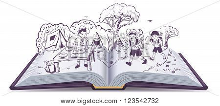 Open book. Summer rest. Scouts at camp. Cartoon illustration in vector format