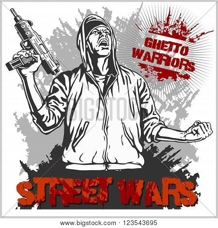 Ghetto Warriors vector illustration. Gangster on dirty graffiti white background.
