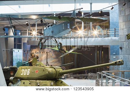 Minsk, Belarus - December 20, 2015: Soviet Russian light night bomber PO-2, heavy tank IS-2 in Belarusian Museum Of The Great Patriotic War