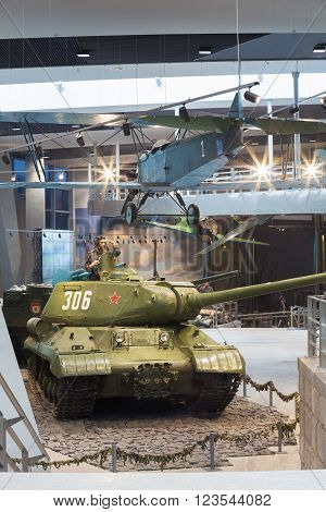 Minsk, Belarus - December 20, 2015: Soviet Russian light night bomber PO-2, heavy tank IS-2 in Belarusian Museum Of The Great Patriotic War