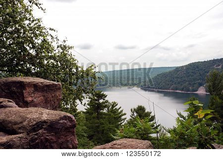 The view from the mountains to the mysterious Davil's Lake, Wiskonsin, USA